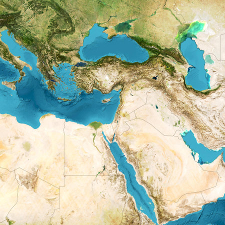Physical map of the world, satellite view of the Middle East. Africa, Asia. Reliefs and oceans.の写真素材