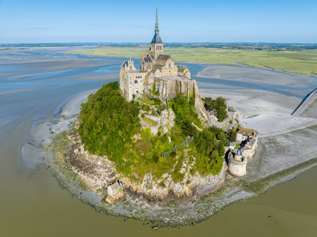 Aerial view of the Mont Saint Michel Abbey, Normandy. France. Island. Architectural details, spire and statue of Saint Michelの写真素材