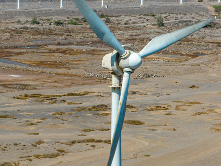Renewable energy, wind energy, wind turbines moving, near the ocean. Renewable electricity. Power supply. Gran Canariaの写真素材