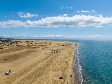 Aerial view of Maspalomas beach and dunes, sunbathers enjoying themselves, Gran Canaria, Spain.の写真素材