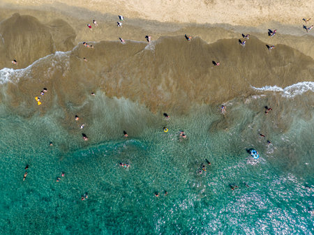 Aerial view of Maspalomas beach and dunes, sunbathers enjoying themselves, Gran Canaria, Spain.の写真素材