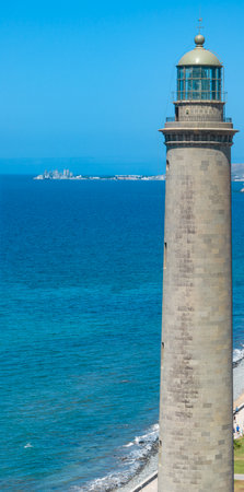 Aerial view of Maspalomas lighthouse, Gran Canaria, Spain. The seafront at Punta de Maspalomas, is dominated by a 56-metre-high lighthouse, El Faro de Maspalomasの写真素材