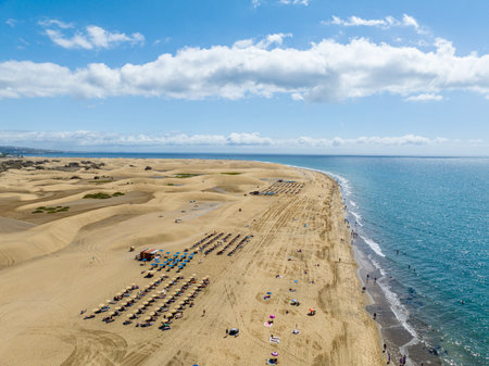 Aerial view of Maspalomas beach and dunes, sunbathers enjoying themselves, Gran Canaria, Spain.の写真素材