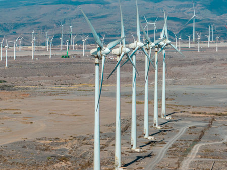 Aerial view of wind turbines, renewable energy, wind energy, near the ocean. Renewable electricity. Power supply. Gran Canariaの写真素材