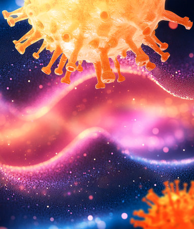 Virus, flu, view of a virus under a microscope, infectious disease. Coronavirusの写真素材