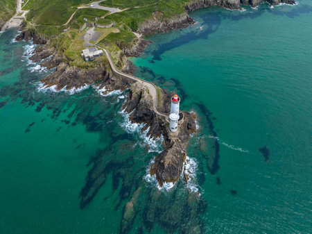 Aerial view of the Petit Minou Lighthouse is a lighthouse in the roadstead of Brest, standing in front of the Fort du Petit Minou, in the commune of PlouzanÃ©. Coastline. Franceの写真素材