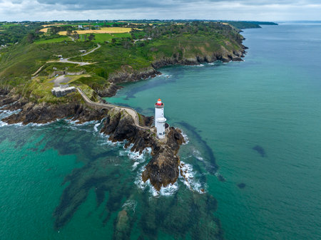 Aerial view of the Petit Minou Lighthouse is a lighthouse in the roadstead of Brest, standing in front of the Fort du Petit Minou, in the commune of PlouzanÃ©. Coastline. Franceの写真素材
