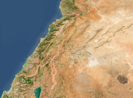 Physical map of the world, satellite view of the Middle East, Asia. Lebanon, Israel and Syria. Reliefs and oceans. 3d rendering.の写真素材