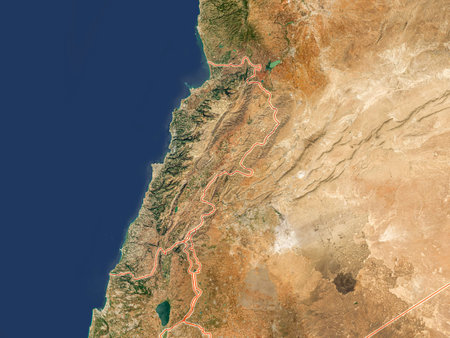 Physical map of the world, satellite view of the Middle East, Asia. Lebanon, Israel and Syria. Reliefs and oceans. 3d rendering.の写真素材