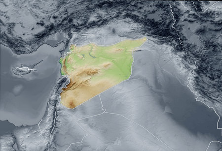 Physical map of Syria, satellite view of the Middle East, Asia. Lebanon, Israel. Reliefs and oceans.の写真素材