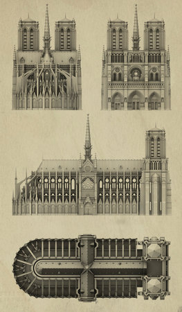 Planimetric views of Notre Dame Cathedral in Paris. Front, side, back and top views, reconstruction of the church after the roof fire. 3d renderingの写真素材