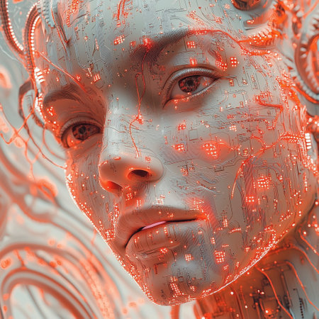 Woman in the era of artificial intelligence. Brain and neuralink. Electronic boards and circuits in symbiosis with the human being. AI integrated with people. Computer interfaceの素材