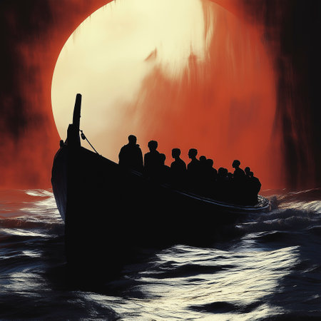 Refugees on a big rubber boat in the middle of the sea that require help. Migrants crossing the seaの素材