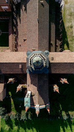 Aerial view of the Certosa di Pavia, built in the late fourteenth century, courts and the cloister of the monastery and shrine in the province of Pavia, Lombardy, Italy.の写真素材
