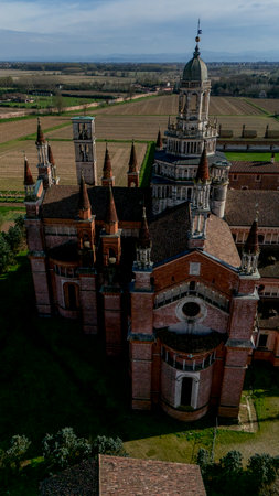 Aerial view of the Certosa di Pavia, built in the late fourteenth century, courts and the cloister of the monastery and shrine in the province of Pavia, Lombardia, Italyの写真素材