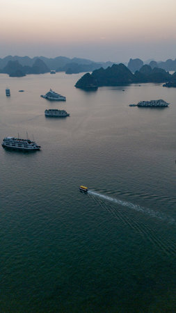 Aerial view of the Háº¡ Long Bay, Halong Bay. Vietnam. Cruise ships and islands alternate in the bay. Sunsetの写真素材