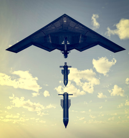 B-2 Spirit, Stealth Bomber, heavy strategic bomber, stealth technology designed to penetrate dense anti-aircraft defenses and GBU-57 MOP (Massive Ordnance Penetrator) bunker busterの写真素材