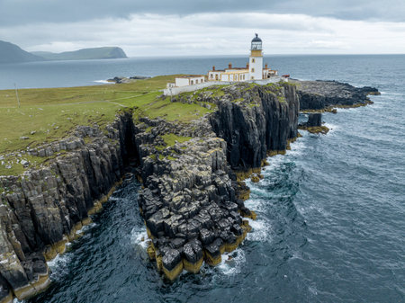 Aerial view of Neist Point, a promontory on the Isle of Skye, Scotland, famous for its lighthouse...