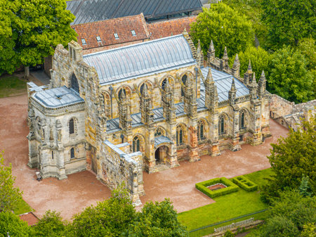 Aerial view of Rosslyn Chapel, it was founded in 1446 by Sir William St Clair. Rural Midlothian. Edinburgh. Scotland. UKの写真素材