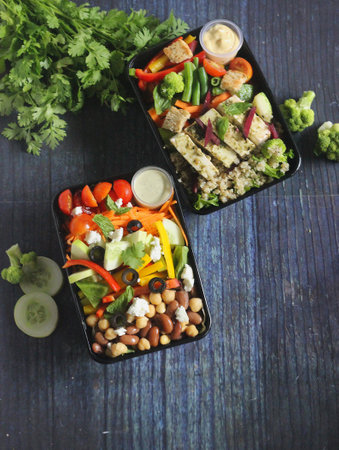 Protein grilled panner salads with protein food ingredients served in restaurant-style takeaway packagingの写真素材