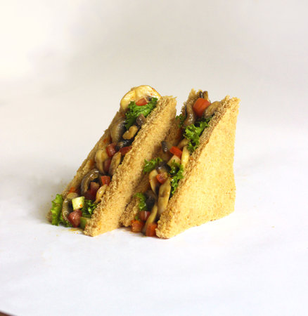 bbq mushroom healthy salad sandwich in brown breadの写真素材