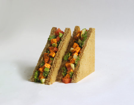 Spicy tandoori paneer sandwich with fresh vegetables, and mint chutney made in whole wheat bread.の写真素材
