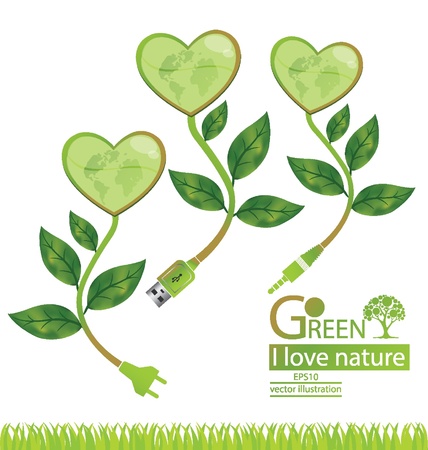Jack plug  Usb cable  Plug  Tree design  Go green  Save world  vector illustration のイラスト素材