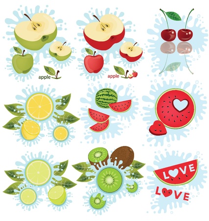 apple  cherry  lemon  watermelon  kiwi  Fruit splash vector illustrationのイラスト素材