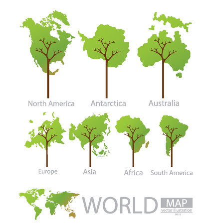 Tree design,  Africa,  Antarctica,  Asia,  Australia,  Europe,  North america,  South america,  World Map vector Illustration のイラスト素材