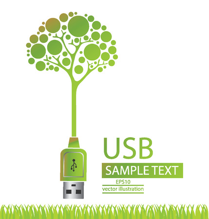 Usb cable, Green concepts save energy, tree vector illustrationのイラスト素材