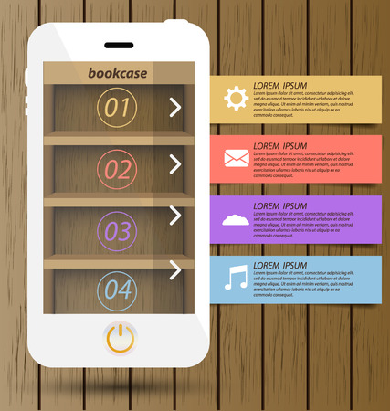 Smartphone with wooden bookcase background on screen for ebook  Modern infographic design template のイラスト素材
