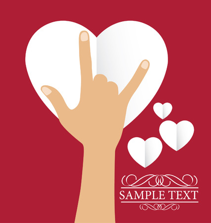 Love hand sign  White paper heart Valentines day card on Red background のイラスト素材