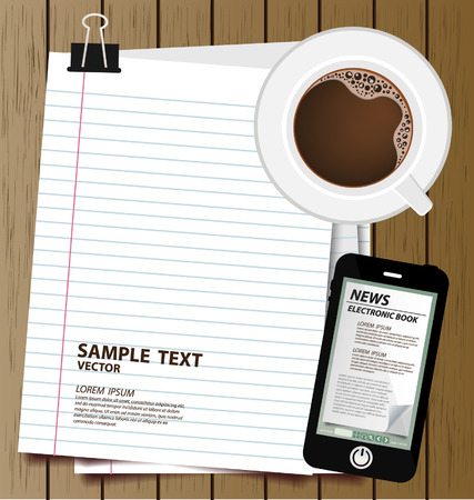 Blank paper, E-book display on smartphone and cup of coffee top view のイラスト素材