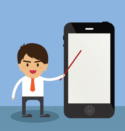 Cartoon businessman points to smartphone screenのイラスト素材