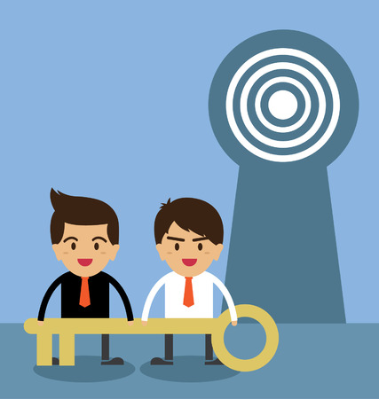 Young businessman with big key. standing in front of keyhole.のイラスト素材