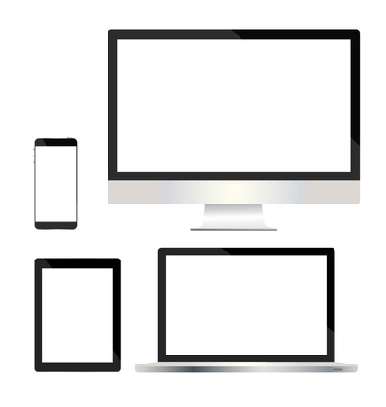 illustration set of modern technology devices - computer monitor, laptop, digital tablet and mobile phone with blank screen.のイラスト素材