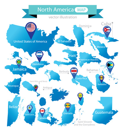 Map of North America. Country. flag pointer. vector Illustration.のイラスト素材