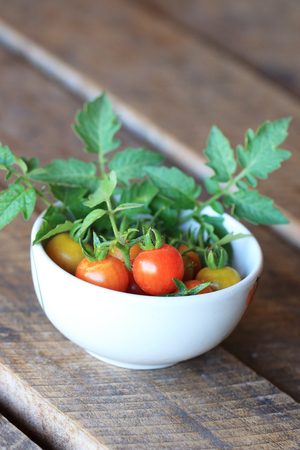 Tomatoes in a white bowl on wood backgroundの写真素材