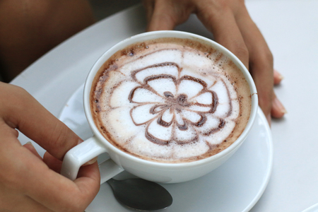 cup of hot cocoa on tableの写真素材