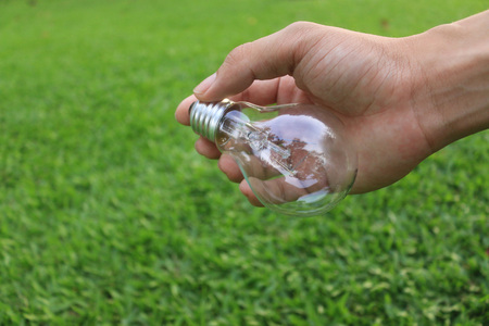 Energy saving concept. Hand holding light bulb on green grass background,.