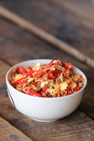 Pound chili in a bowl ready for cooking a spicy food of Thai foodの写真素材