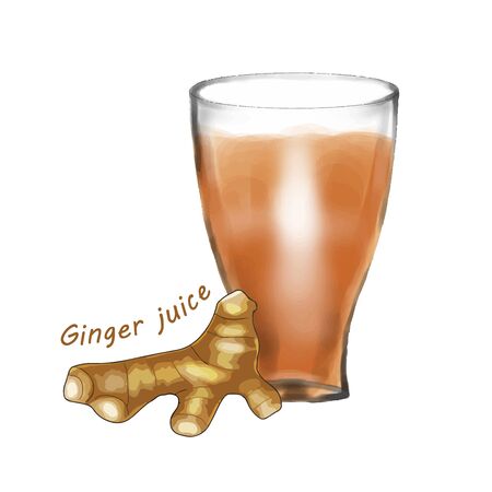 Ginger juice in a glass isolated on white background. illustration in sketch style.のイラスト素材
