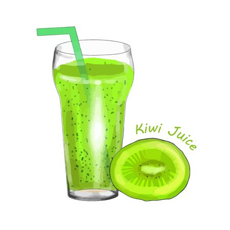 Fresh Kiwi juice in a glass isolated on white background. illustration in sketch style.のイラスト素材