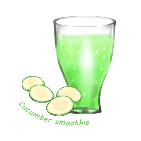 Cucumber Smoothies in a glass isolated on white background. illustration in sketch style.のイラスト素材