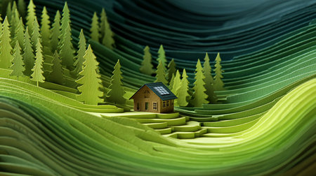 Eco Living. Paper art of Home Powered by Solar Energy. Felt fabric art.  Save the World concept. generative ai illustration.の素材