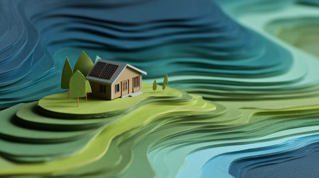 Eco Living. Paper art of Home Powered by Solar Energy. Save the World concept. generative ai illustration.の素材