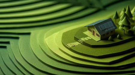 Eco Living. Paper art of Home Powered by Solar Energy. Felt fabric art.  Save the World concept. generative ai illustration.の素材