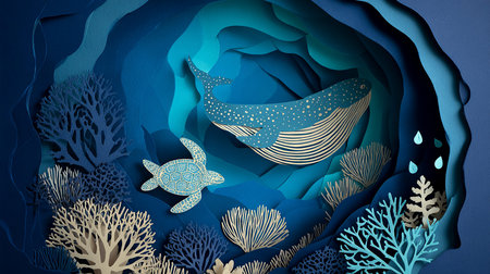 Paper art for ocean conservation. generative ai illustration.の素材