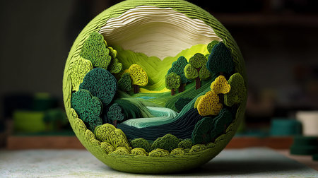 Paper Art Globe of Forests and River. Felt fabric art. Save the World. generative ai illustration.の素材