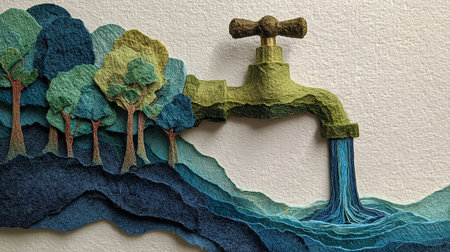 Paper art water conservation. Art and Craft. Forest and river landscape. Save water concept.の素材